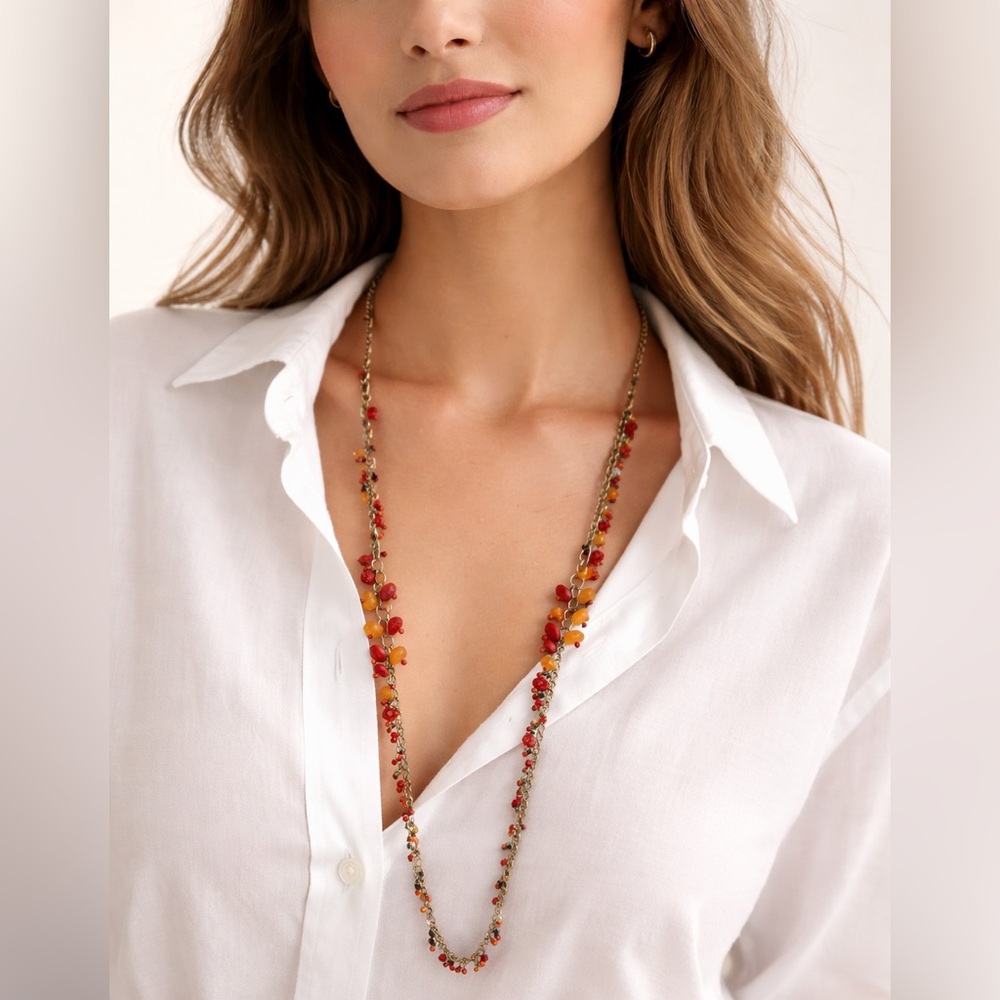 Long Red Coral Amber Bead Chain Necklace Jewelry - Picture 2 of 9